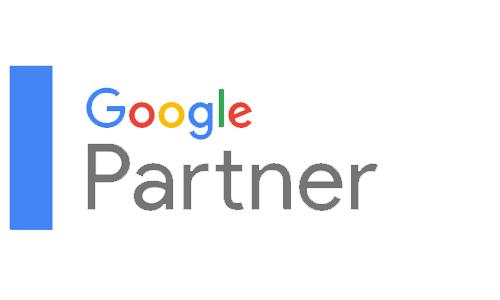 Google Partner Logo, blaue, rote, gelbe und grüne Buchstaben, das Partner ist in grauer Schrift