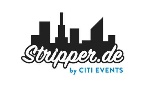 Stripper.de by CITI EVENTS Logo, schwarze Skyline, Stripper.de in weißer Schrift mit schwarzer Umrandung und by CITI EVENTS in blauer Schrift