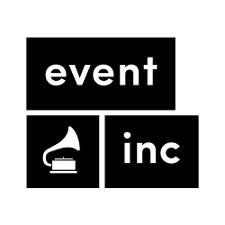Eventinc Logo, weiße Schrift und ein weißes Grammophon auf schwarzem Untergrund