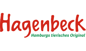 Tierpark Hagenbeck Logo, rote Schrift mit weißem Schatten und grüne Schrift darunter