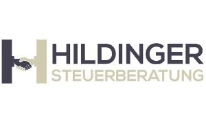 Uwe Hildinger Steuerberatungsgesellschaft mbH Logo, beige- und dunkelblaue Schrift auf weißem Untergrund, das H von Hildinger stellt zwei sich schüttelnde Hände dar