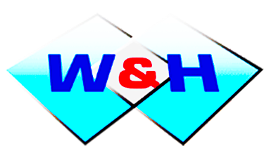 W&H Fliesentechnik GmbH Logo, zwei Kacheln nebeneinander in weiß und türkis, darauf in blau die Buchstaben W&H
