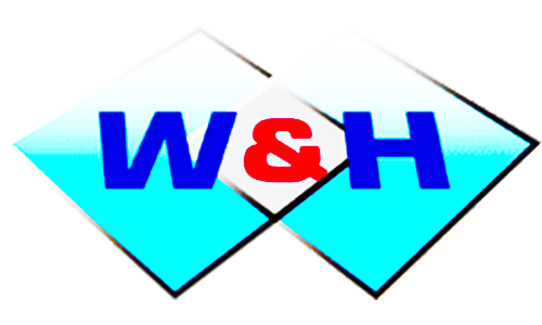 W&H Fliesentechnik GmbH Logo, zwei Kacheln nebeneinander in weiß und türkis, darauf in blau die Buchstaben W&H