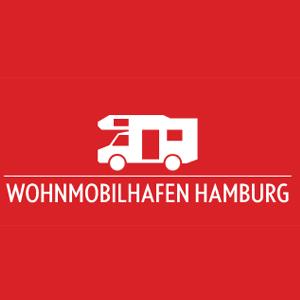 Wohnmobilhafen-Hamburg Logo, weiße Schrift und ein weißer Wohnwagen auf rotem Untergrund