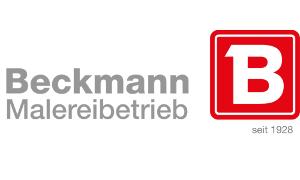 Beckmann Malereibetrieb Logo, graue Schrift auf weißem Untergrund, weißes B auf rotem Untergrund