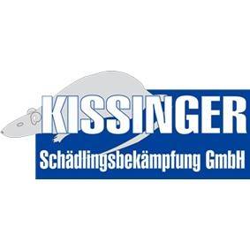 Kissinger Schädlingsbekämpfung Logo, Blauer Untergrund, eine graue Maus und weiße Schrift mit blauem Rand