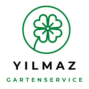 Yilmaz Gartenservice Logo, grüner Kreis mit einem grünen Kleeblatt darin, darunter YILMAZ in schwarz und Gartenservice wieder in grün