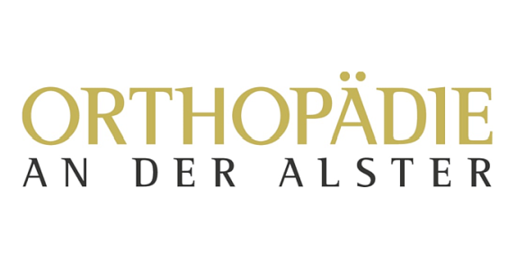 Logo von Orthopädie an der Alster, goldene und schwarze Schrift auf weißem Untergrund