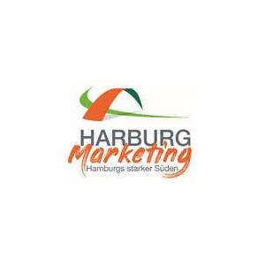 HARBURG MARKETING e.V. Logo, schwarze und orangefarbene Schrift auf weißem Untergrund
