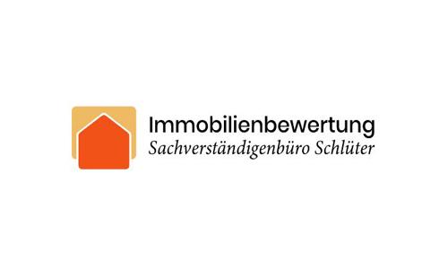 Logo Immobilienbewertung Sachverständigenbüro Schlüter, schwarze Schrift und ein orangefarbenes Haus