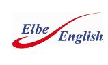 Logo von Elbe English blauer Schriftzug mit rotem Haken