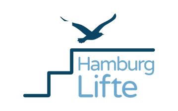 Hamburg Lifte Logo, eine Treppe in dunkelblau, ganz oben eine Möwe und in hellblauer Schrift Hamburg Lifte