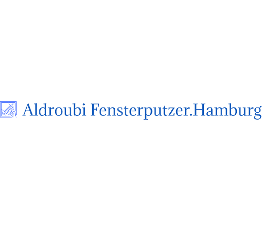 Aldroubi Fensterputzer.Hamburg Logo, blaue Schrift auf weißem Untergrund