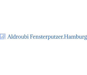 Aldroubi Fensterputzer.Hamburg Logo, blaue Schrift auf weißem Untergrund