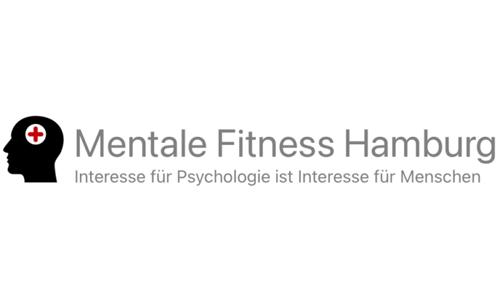 Schwarzer Kopf mit einem roten Kreuz an der Stirnseite, daneben in grauer Schrift Mentale Fitness Hamburg Interesse für Psychologie ist Interesse für Menschen