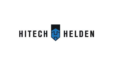 HITECH HELDEN Logo, schwarze Schrift auf weißem Untergrund mit blauschwarzem Siegel