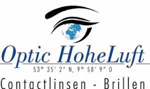 Hellblauer Firmenname, schwarz unterstrichen mit geographischen Koordinaten und Schriftzug Contactlinsen - Brillen, darüber schwarz illustriertes Auge mit Globus als Pupille