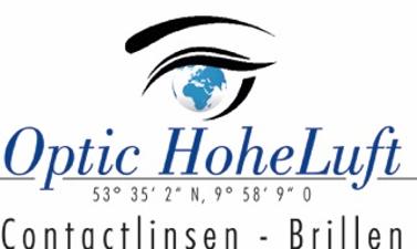 Hellblauer Firmenname, schwarz unterstrichen mit geographischen Koordinaten und Schriftzug Contactlinsen - Brillen, darüber schwarz illustriertes Auge mit Globus als Pupille