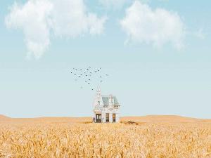 Ein Haus inmitten eines Kornfeldes unter blauem Himmel mit ein paar weißen Wolken und Vögeln