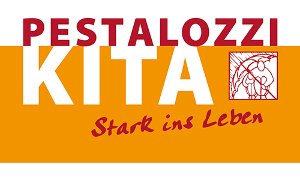 PESTALOZZI KiTA - Logo mit rotweißer Schrift auf orangenen Grund