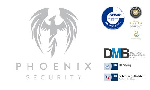 Phoenix Security Logo mit den Siegeln des Fachverbandes und den Industrie und Handelskammern von Hamburg und Schleswig - Holstein