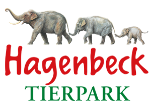 Tierpark Hagenbeck Logo, rote und grüne Schrift sowie drei Elefanten hintereinander