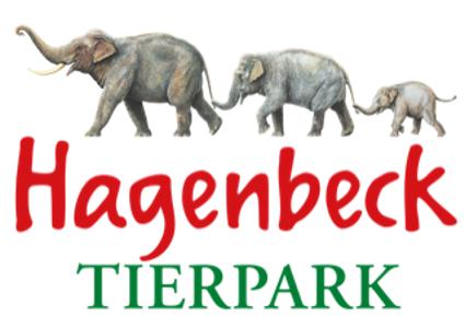 Tierpark Hagenbeck Logo, rote und grüne Schrift sowie drei Elefanten hintereinander