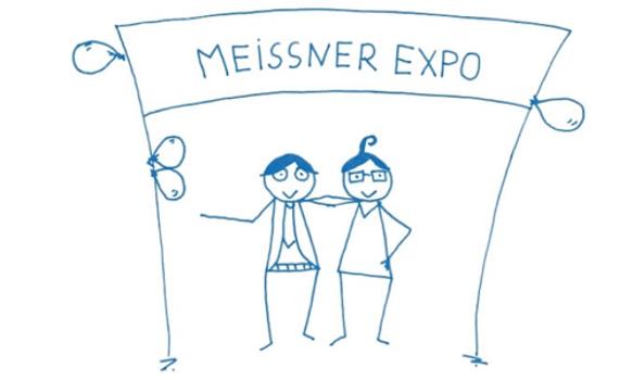 Eine Zeichnung in blau, zwei Menschen stehen unter einem Meissner Expo Banner und halten sich an den Armen