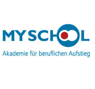 MySchool Logo, blaue Schrift auf weißem Untergrund