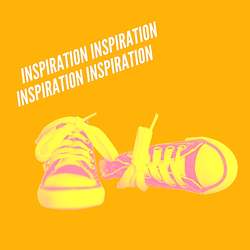 Ein Paar Turnschuhe, ein orangefarbener Hintergrund und darüber in weißer Schrift Inspiration