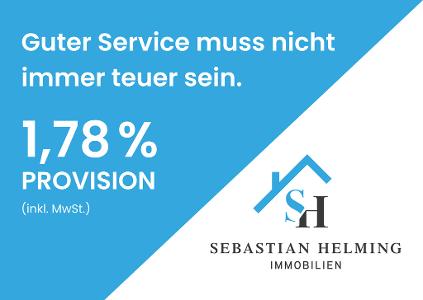 blau-weißer Hintergrund, auf der blauen Seite steht: Guter Service muss nicht teuer sein. 1,78% Provision inkl. MwSt. und auf der weißen Seite ist das Sebastian Helming Immobilien Logo eingebunden