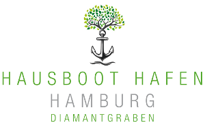 Hausboot Hafen Hamburg GbR Logo, eine Baumkrone auf einem Anker, die Schrift ist grün und grau auf weißem Untergrund