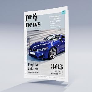 Zeitschrift pr&news mit einem blauen Auto auf dem Cover