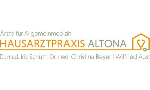Logo der Hausarztpraxis Altona, grüne und orangefarbene Schrift auf weißem Untergrund