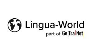Lingua-World Logo, schwarze Schrift auf weißem Untergrund, das o stellt eine Wletkugel dar