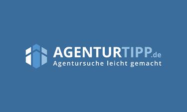 Agenturtipp.de Logo, hellblaue und weiße Schrift auf blauem Untergrund