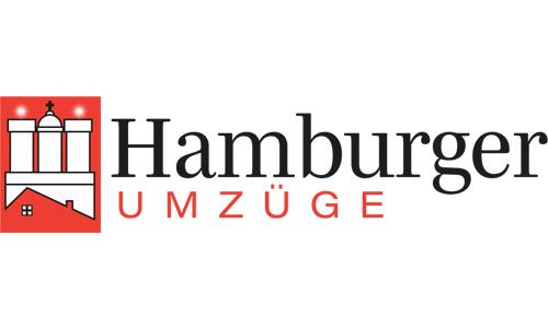 Hamburger Umzüge Logo, rote und schwarze Schrift auf weißem Untergrund