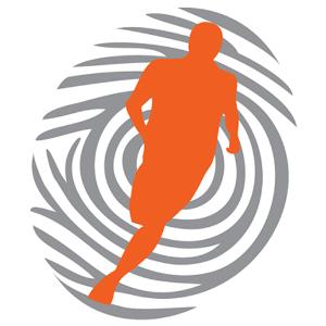 Firmenlogo Unique SportsTime, ein grauer Fingerabdruck und ein orangefarbener Läufer