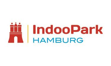 INDOO Park Logo, rote und blaue Schrift auf weißem Untergrund