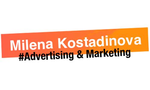 Milena Kostadinova Logo, weiße Schrift auf orangefarbenem Banner und darunter schwarze Schrift
