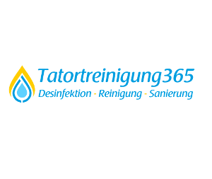 Tatortreinigung365 Logo, blaue Schrift auf weißem Untergrund mit einem gelben Tropfen