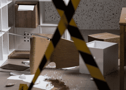 Eine Wohnung mit umgekippten Möbeln und auf dem Boden liegende Kisten, gesichert durch ein gelb-schwarzes Absperrband