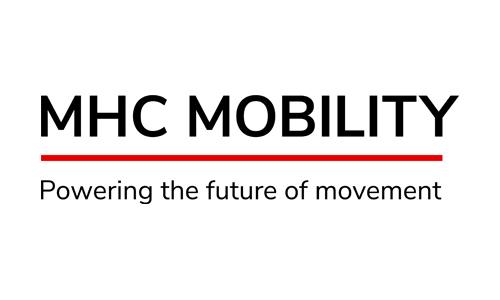 MHC Mobility GmbH Logo, schwarze Schrift und ein roter Balken