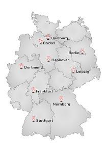 Deutschlandkarte mit Markierungen der Standorte von MHC Mobility GmbH