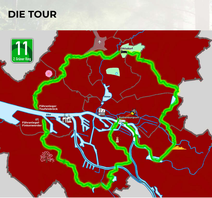 Eine Stadtkarte in rot mit grün eingezeichnetem Streckenverlauf