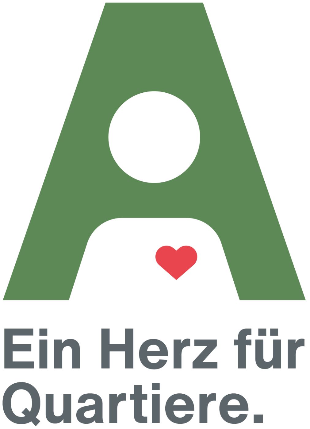 Ein grünes A, darunter ein rotes Herz und darunter steht ein Herz für Quartiere