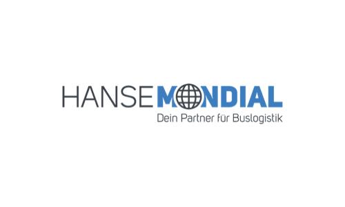 Schwarz/blauer Schriftzug Hanse Mondial, das O wird durch einen Globus dargestellt 