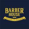 BARBER HOUSE Logo, gelbe Schrift auf dunkelblauem Untergrund