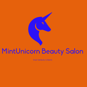 MintUnicorn Logo- blaue Schrift auf orangefarbenem Hintergrund