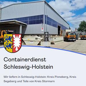 Lagerhalle von Wegro mit Containern und Wappen von Schleswig-Holstein